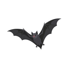 A simple vector illustration of a black bat flying with its wings fully spread out against a white background.
