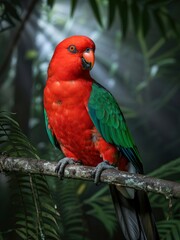 Naklejka premium Vibrant red and green king parrot perched on a branch