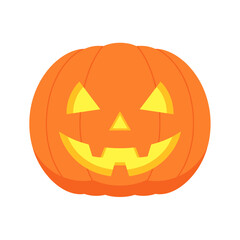 A classic carved Halloween pumpkin, known as a Jack-o'-lantern, with a spooky face illuminated from within.