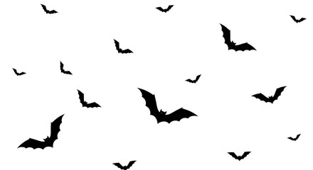 Multiple black bat silhouettes flying against a white background, creating a spooky Halloween pattern.