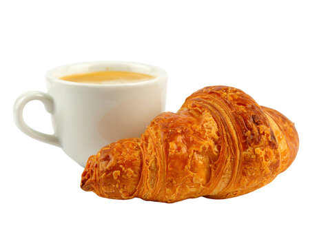 A freshly baked croissant beside a steaming cup of coffee, showcasing a delightful breakfast pairing.