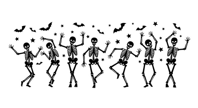 A black and white illustration of dancing skeletons with bats and stars for Halloween.