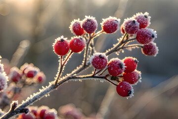 Frost-Covered Red Berries Sparkling in Winter Sunlight