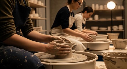 Clay-Covered Hands Carefully Shaping a Pot in a Warmly Lit Pottery Class