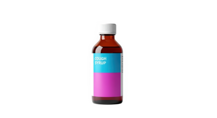 Cough syrup bottle with blue and pink label on white background  