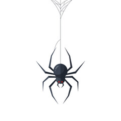 Illustration of a black spider hanging from a web with red eyes.