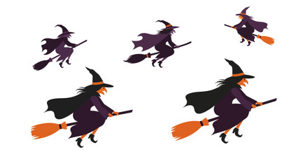 A group of witches flying on their brooms at night, depicted in a stylized graphic illustration with purple and orange accents.