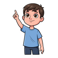 Cute cartoon boy with spiky brown hair and a blue shirt, smiling and pointing upwards.