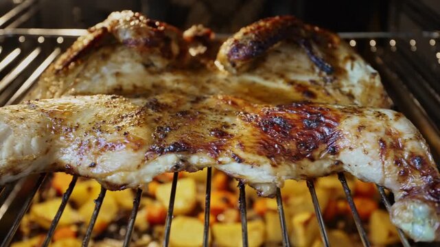 Ready-made chicken tabaka with potato cookies in the oven.