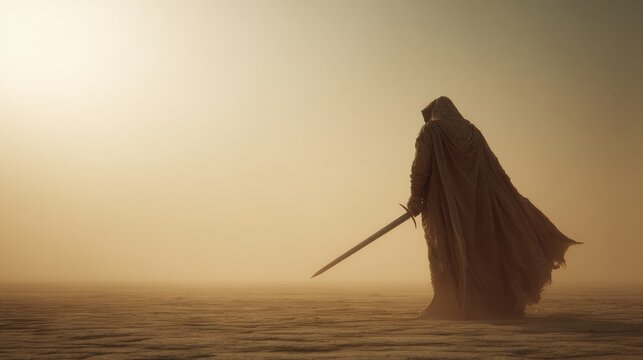 Mysterious figure in cloak holding a sword stands alone in a foggy desert landscape during twilight, embodying themes of solitude and adventure