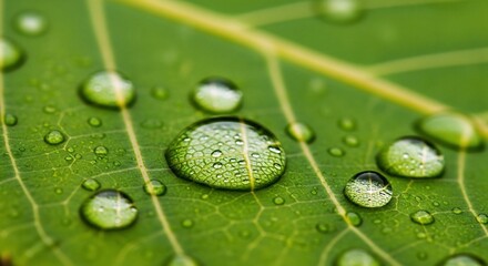 Close-up of a vibrant green leaf adorned with glistening water droplets, showcasing natural freshness and intricate veins.