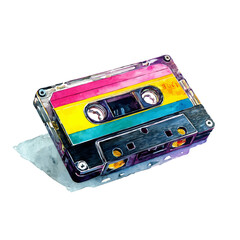 Obraz premium Cassette Tape, watercolor painting, vector illustration, isolated on a white background.