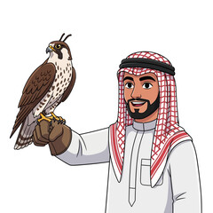 Smiling Arab man in traditional thobe and ghutra holding a majestic falcon on his gloved hand.