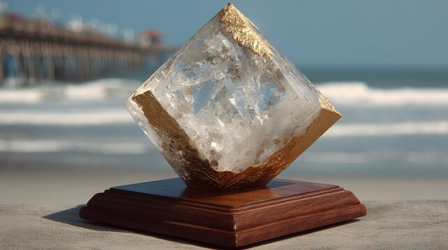 Elegant crystal sculpture on wooden base with ocean in background - Powered by Adobe