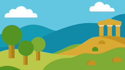 Obraz premium Green cartoon landscape with summer hills, trees, and clouds in the countryside