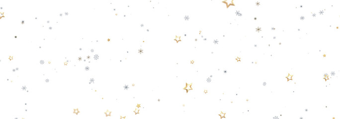 Festive background with gold and silver stars and snowflakes. Perfect for holidays.