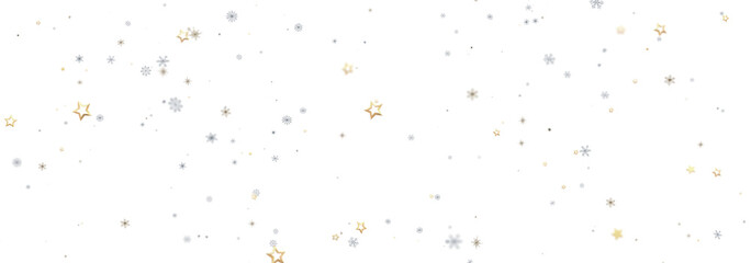 Festive winter background with gold and silver stars and snowflakes. Perfect for holidays.