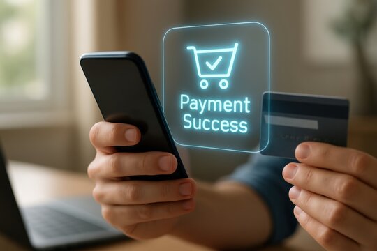 Online Payment Success: A close-up shot of a person's hands holding a smartphone and a credit card, with a digital overlay indicating successful online payment transaction.