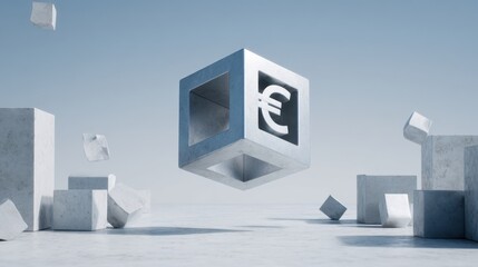 Abstract representation of Euro symbol in floating geometric shapes with a minimalistic design for financial and economic concepts