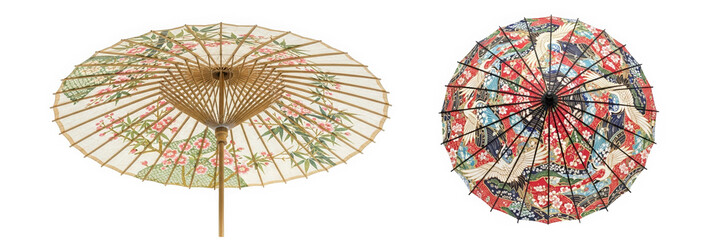 Traditional Japanese umbrellas with colorful designs on white background