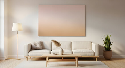 Modern Interior with Large Gradient Canvas Above Neutral Couch and a wooden coffee table with minimalist decor and a potted plant for a serene, modern aesthetic