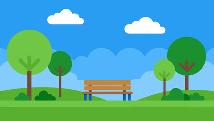 A scenic landscape illustration of a wooden bench under a tree on a green hill with a beautiful sky
