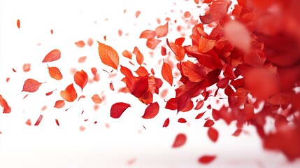 A dynamic burst of crimson leaves against a stark white backdrop, creating a vibrant and abstract image