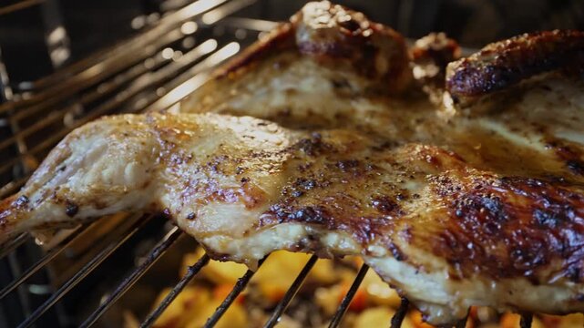 Ready-made chicken tabaka with potato cookies in the oven.