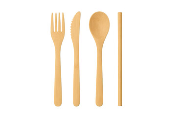 Wooden cutlery set with fork, knife, spoon, and chopsticks on transparent background