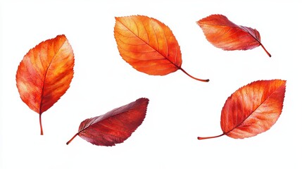 Five autumn leaves, orange and red, isolated on white background, showcasing vibrant fall colors and natural beauty