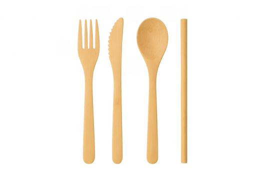 Wooden cutlery set with fork, knife, spoon, and chopsticks on transparent background