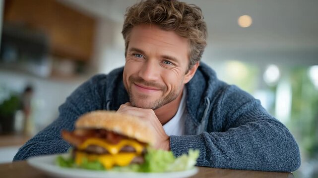 A man exercises self-control while resisting a tempting bacon cheeseburger in a modern kitchen setting.