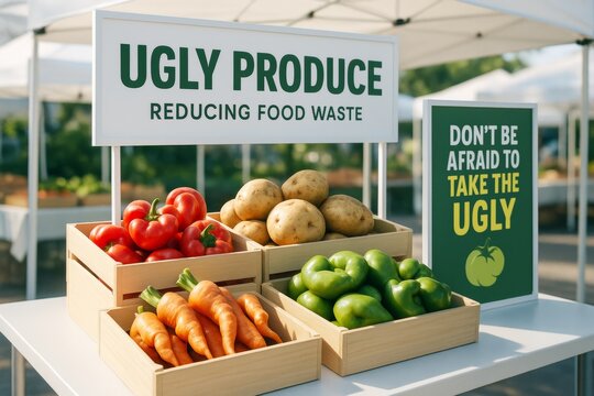 Imperfect vegetables on market stall promoting food waste reduction in bright outdoor environment with natural light and soft focus background. Ai generative