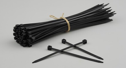 Bundle of black zip ties and two nails isolated on white background