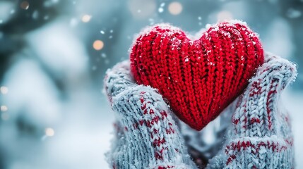 Snowy Mittens Holding Knitted Red Heart Winter Love and Warmth Conceptual