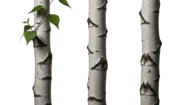 Three birch trees with leaves, isolated on black