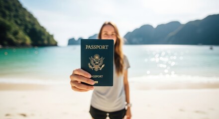 A woman holding a passport on a beach.