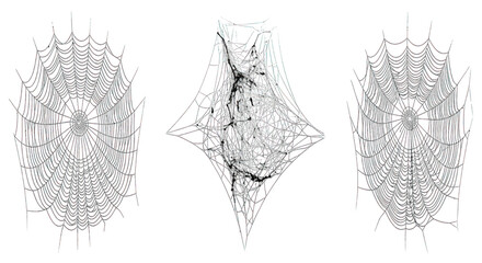 Three complex, geometric structures with intricate, web-like patterns against a dark background