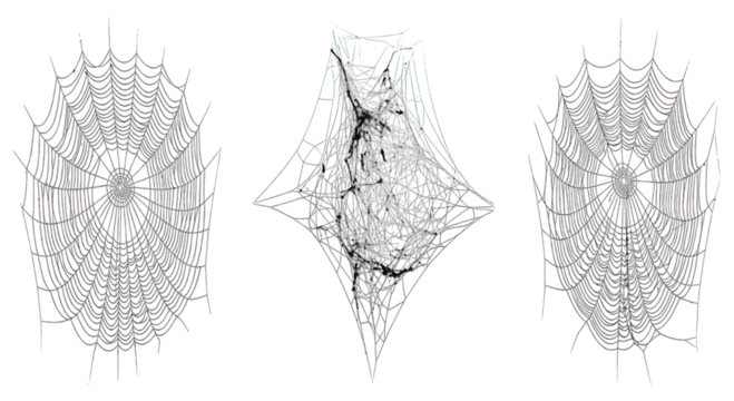 Three complex, geometric structures with intricate, web-like patterns against a dark background