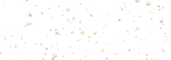 Beautiful festive background with gold stars and silver snowflakes on white. Perfect for holidays.
