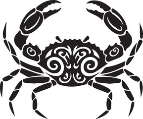 Black tribal crab silhouette with ornate swirling patterns on white background tattoo