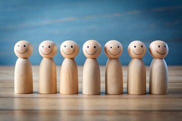 A group of wooden figures with smiley faces standing in a row