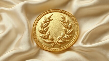Golden Medal on Silky Fabric Background with Laural Leaves Design