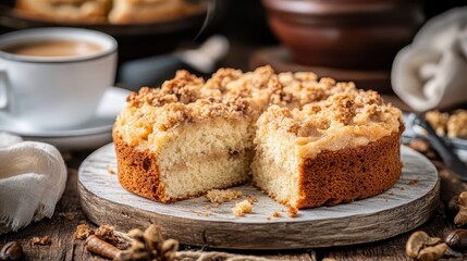 Freshly Baked Coffee Cake with Crumb Topping on Rustic Table