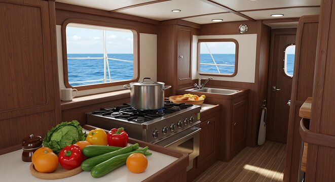 A well-equipped galley on a wooden yacht, showcasing a view of the ocean through large windows.