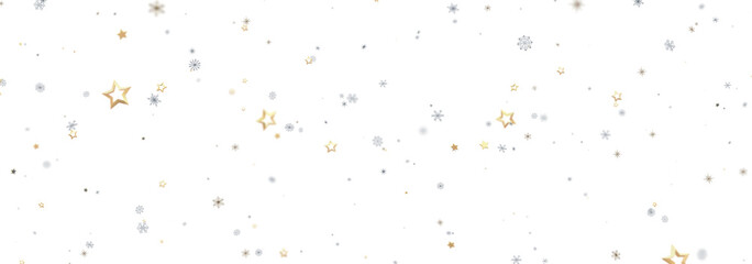 Festive winter background with gold and silver stars and snowflakes. Perfect for holiday designs.