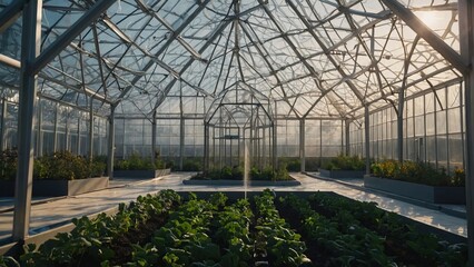 Obraz premium Bright Greenhouse Interior Filled with Lush Green Plants and Sunlight