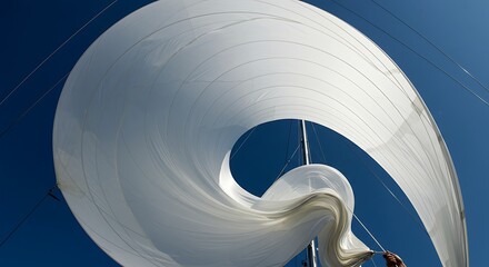 A large, billowing white sail is dramatically curved against a clear, bright blue sky.