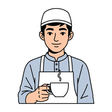 Friendly young Muslim man in an apron and cap serving a hot cup of coffee, character vector illustration for a cafe. c34.eps