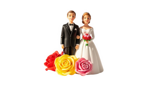 Wedding cake toppers with bride and groom figurines and roses  